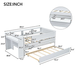 Multi-Functional Twin Daybed with Drawers and Trundle,  Headboard Storage and Tables, USB Charging Station, White