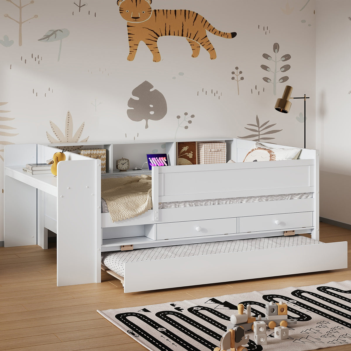 Multi-Functional Twin Daybed with Drawers and Trundle,  Headboard Storage and Tables, USB Charging Station, White