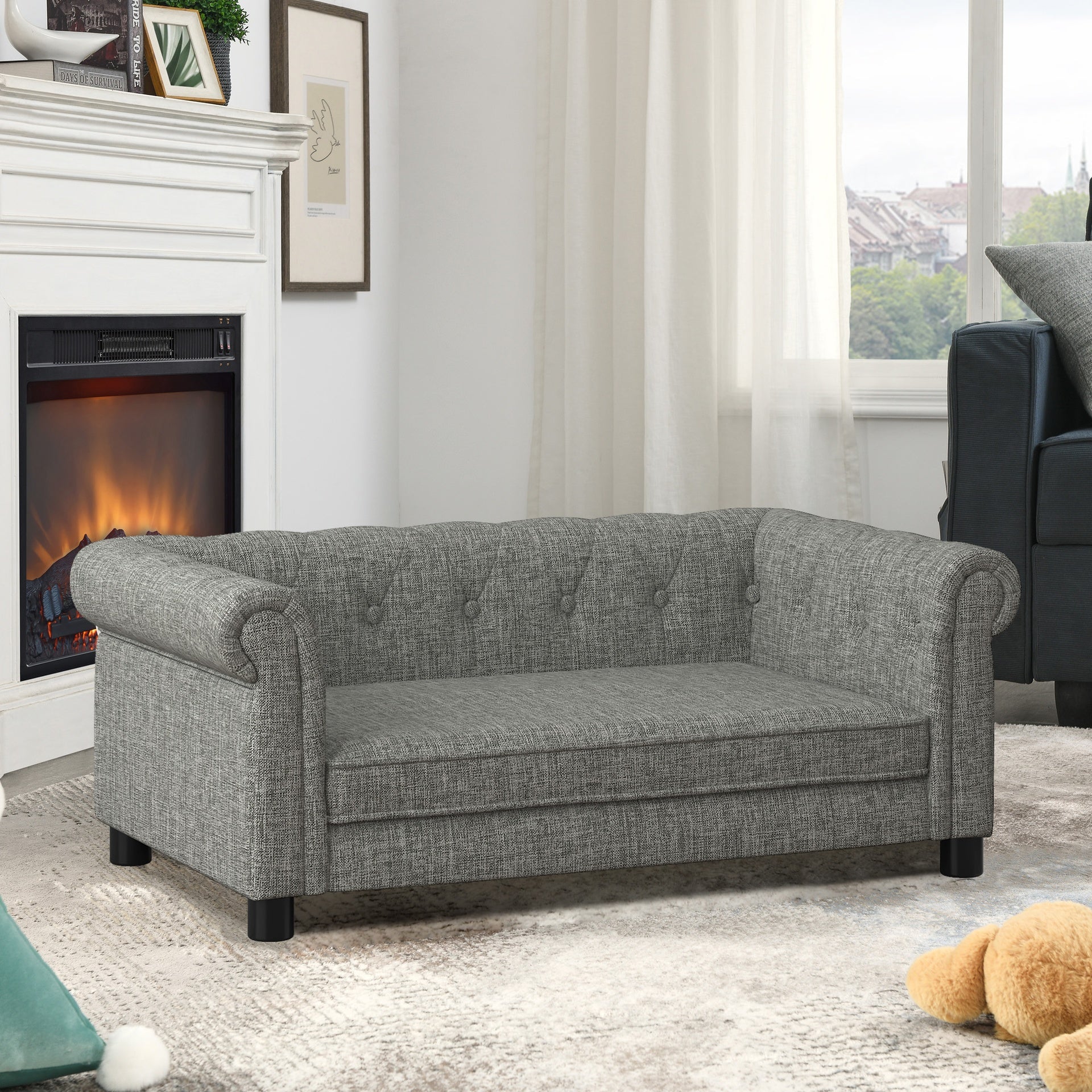 Elegant rectangular pet bed for small and medium-sized dogs, durable elevated dog sofa bed, comfortable dog sofa, modern and fashionable linen fabric dog sofa-Light grey