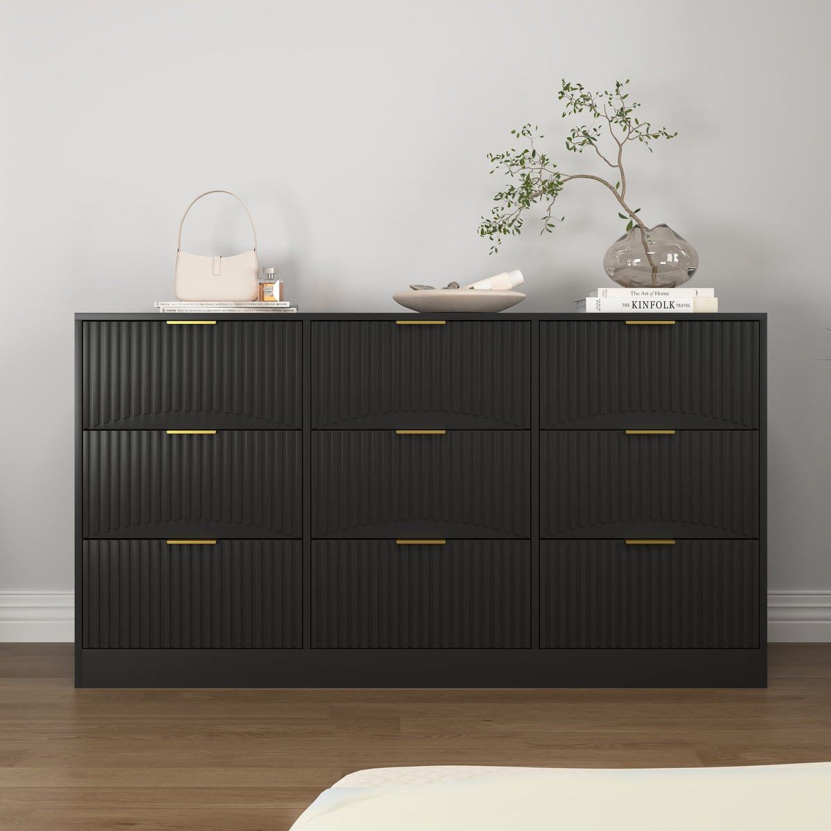 Black 9 Drawer Dresser, 63 inch Large Deep Chest of Drawers, Wooden Dresser Storage Cabinet with 9 Drawers for Bedroom, Long Dressers for Living Room, Hallway, Drawer panel with wavy patterns