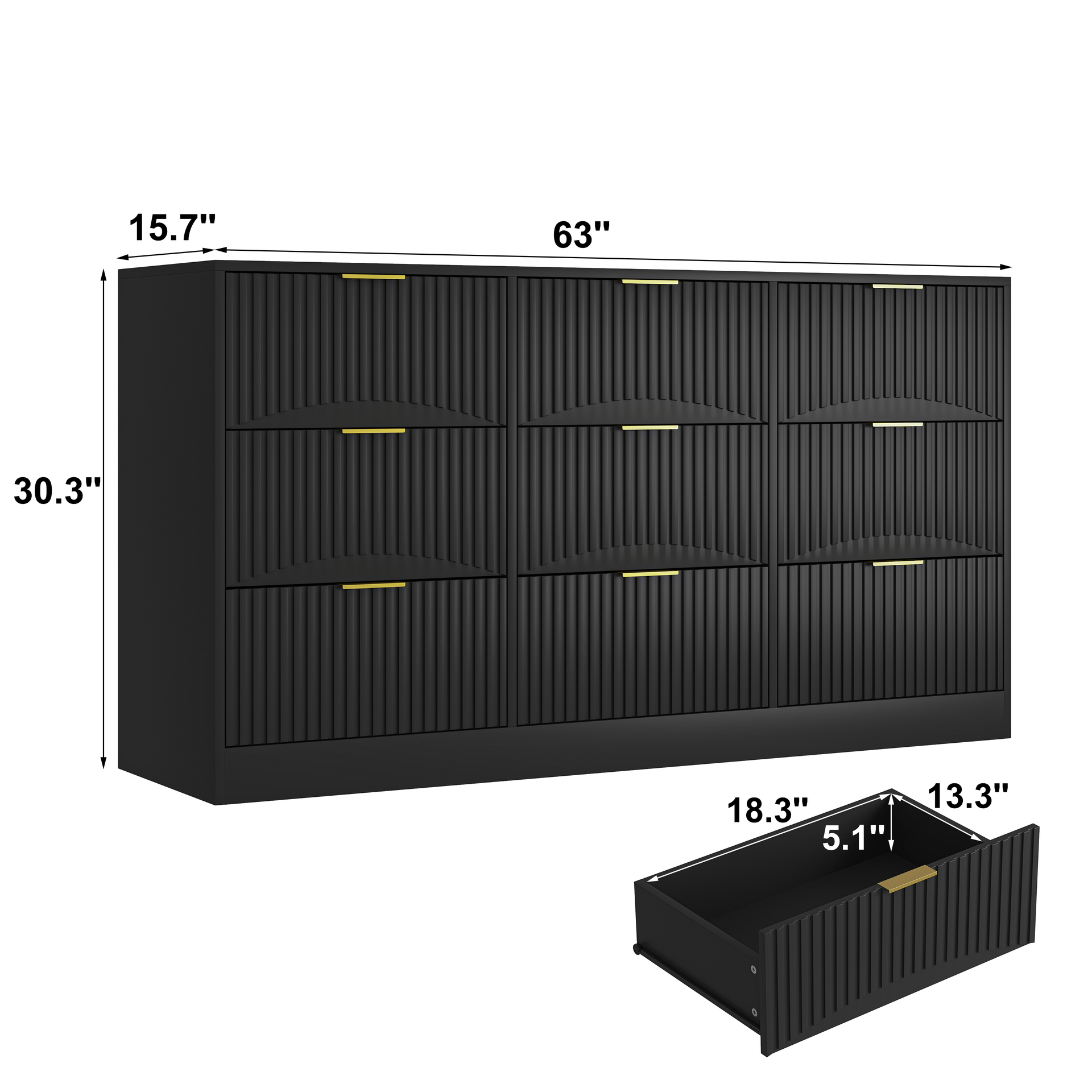 Black 9 Drawer Dresser, 63 inch Large Deep Chest of Drawers, Wooden Dresser Storage Cabinet with 9 Drawers for Bedroom, Long Dressers for Living Room, Hallway, Drawer panel with wavy patterns