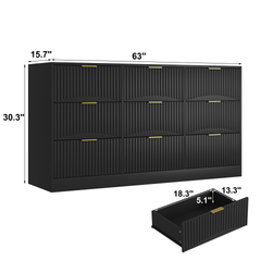 Black 9 Drawer Dresser, 63 inch Large Deep Chest of Drawers, Wooden Dresser Storage Cabinet with 9 Drawers for Bedroom, Long Dressers for Living Room, Hallway, Drawer panel with wavy patterns