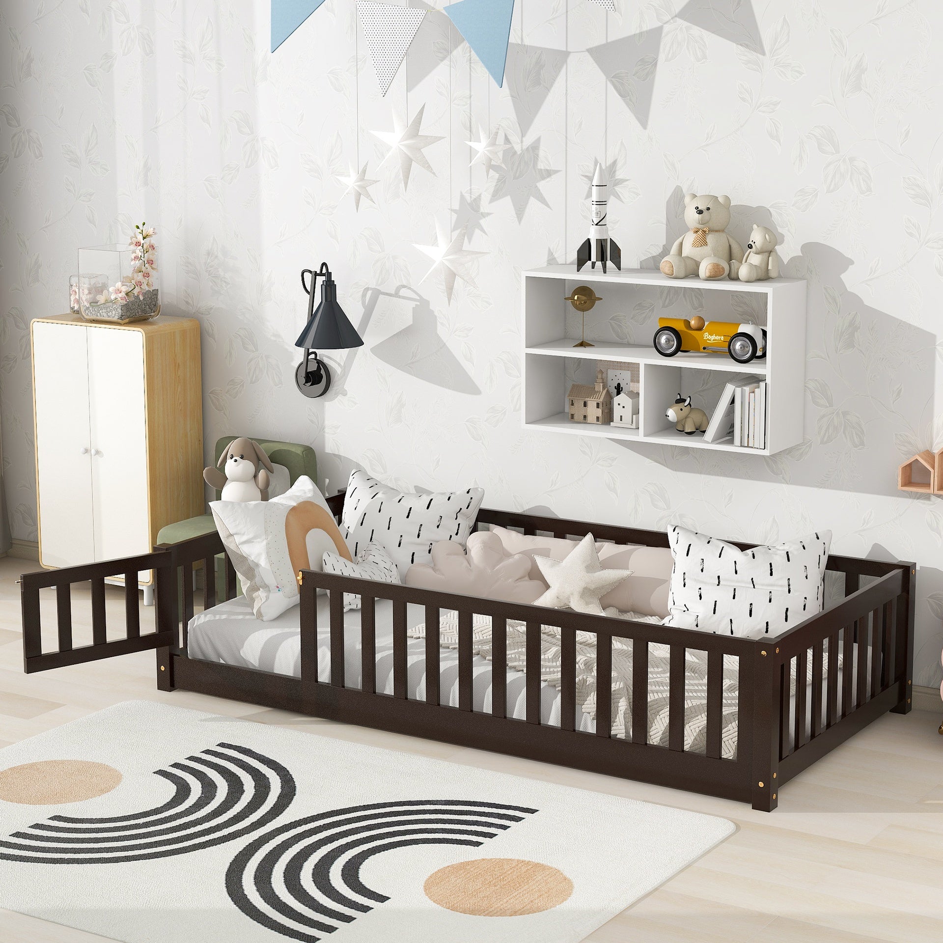 Twin Size Floor Bed with Fence and Door,Rubber Wood Floor Bed with Safety Guardrails,Espresso