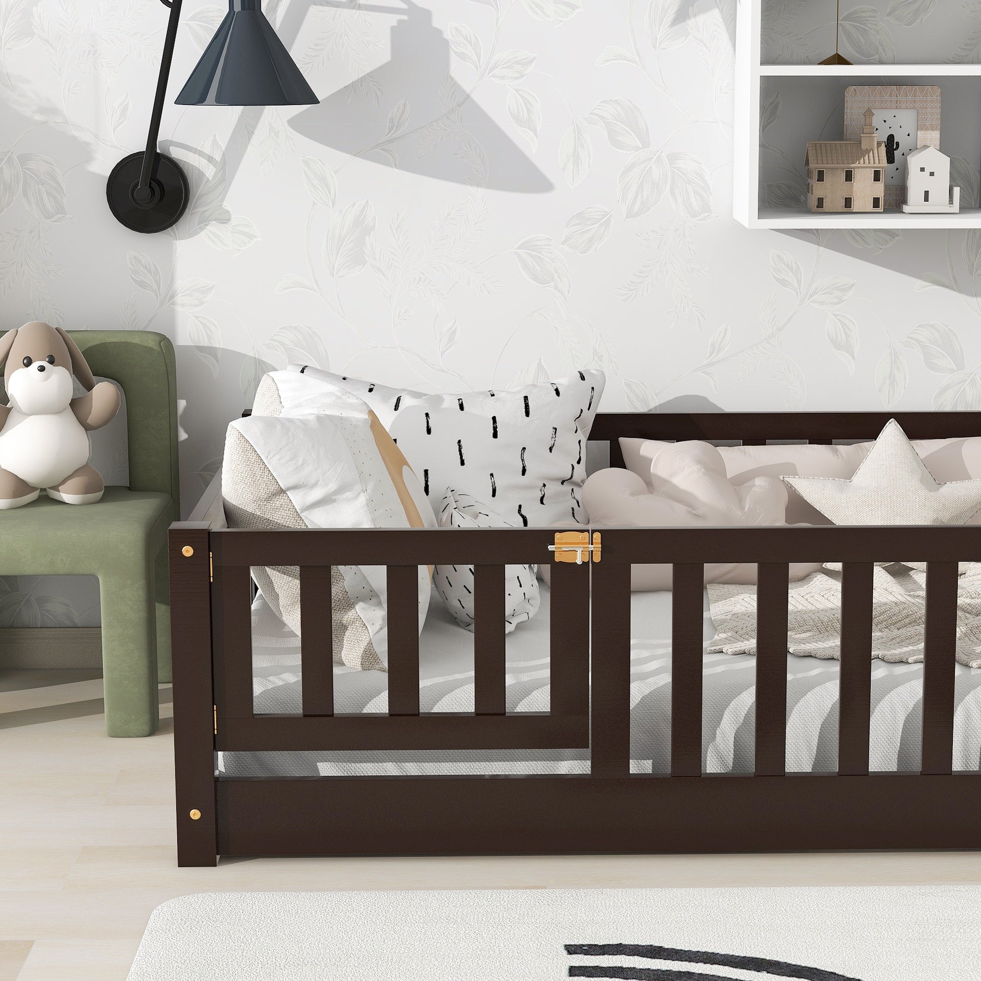 Twin Size Floor Bed with Fence and Door,Rubber Wood Floor Bed with Safety Guardrails,Espresso