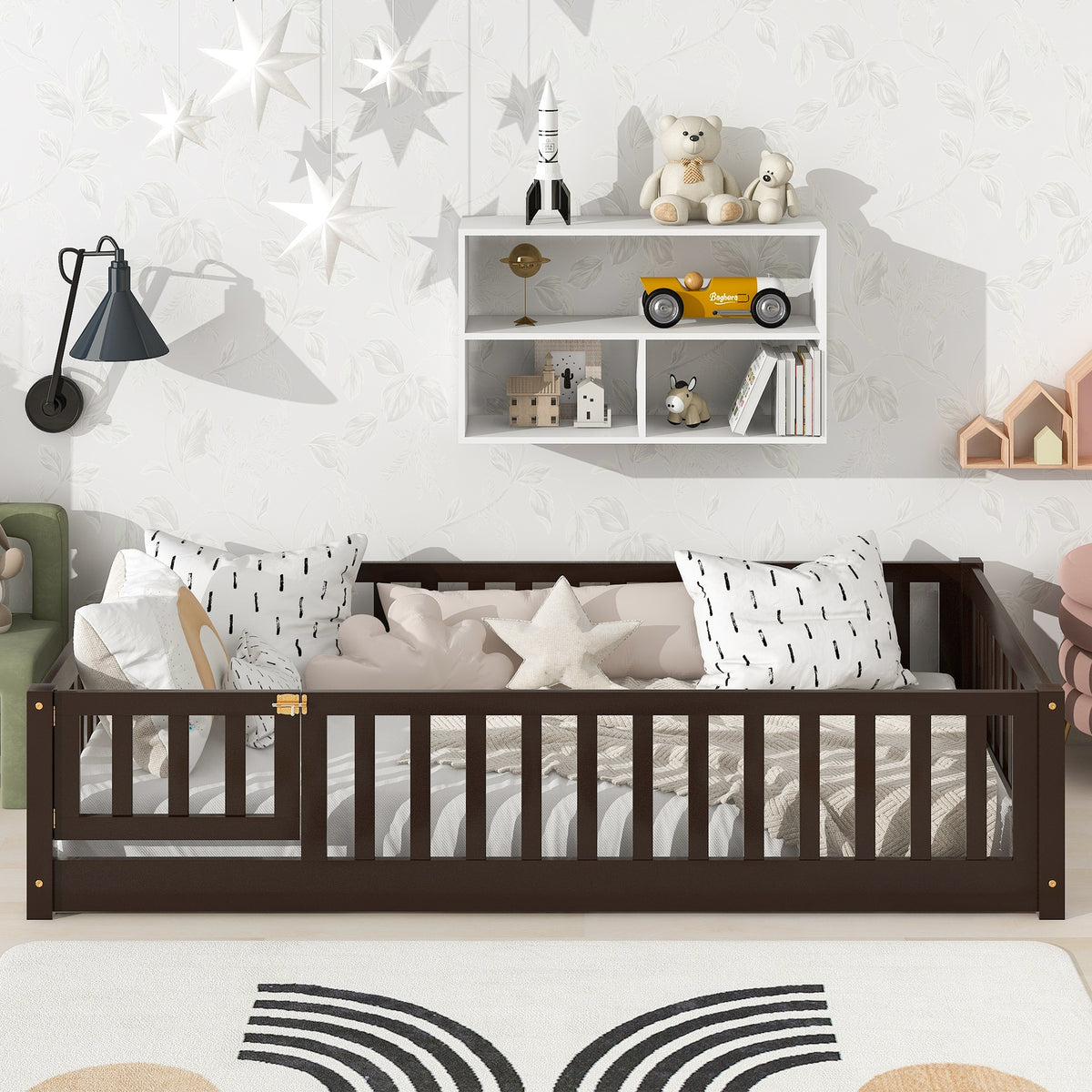 Twin Size Floor Bed with Fence and Door,Rubber Wood Floor Bed with Safety Guardrails,Espresso