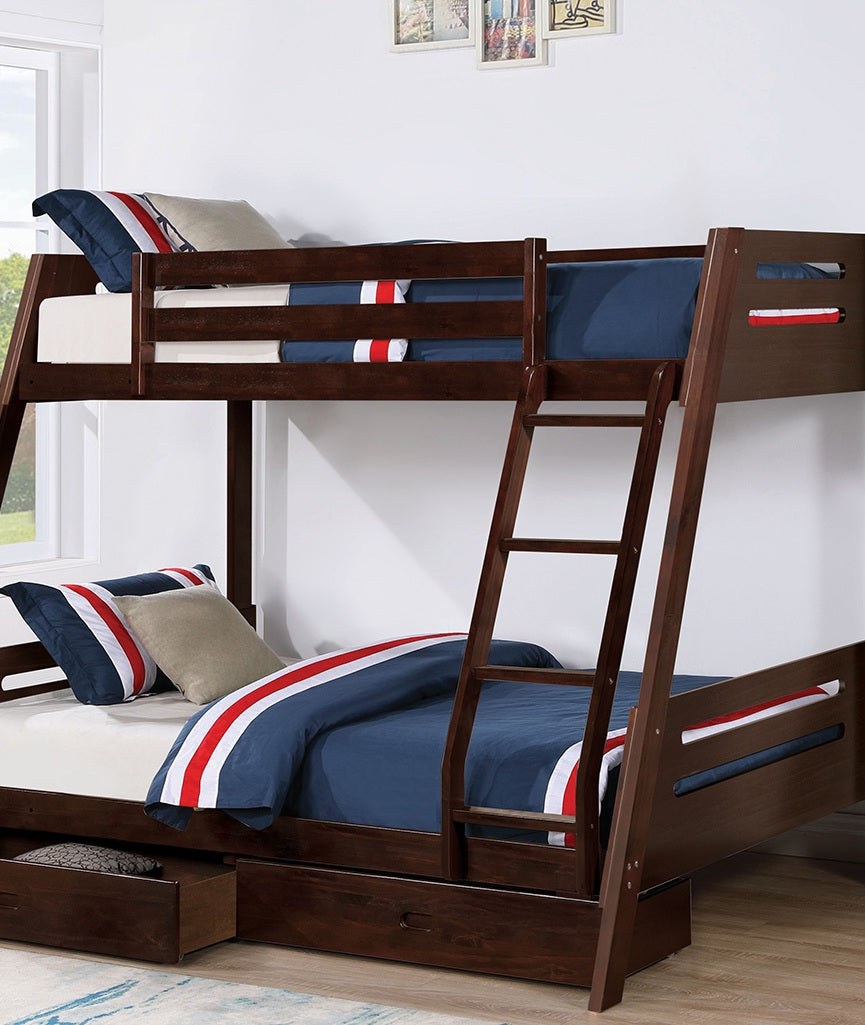 Transitional Bunk Bed Espresso Finishing And Underbed Drawers Angled Ladder