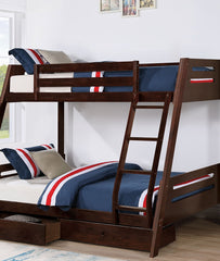 Transitional Bunk Bed Espresso Finishing And Underbed Drawers Angled Ladder