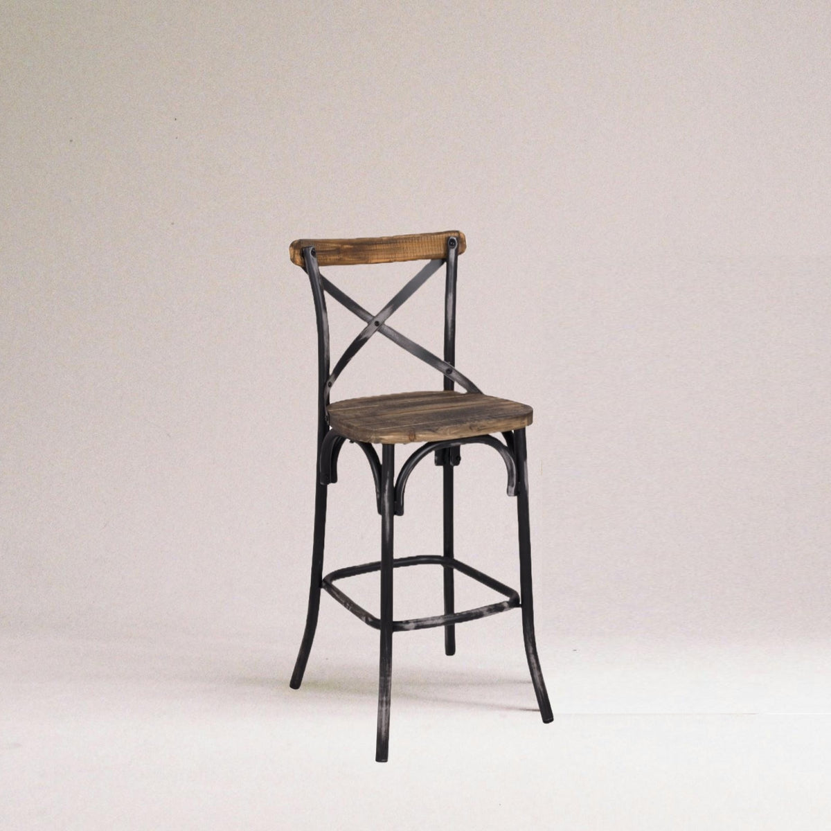 Antique Black Finish Metal Frame Vintage Style Bar Chair 1pc Wooden Seat Dining Furniture