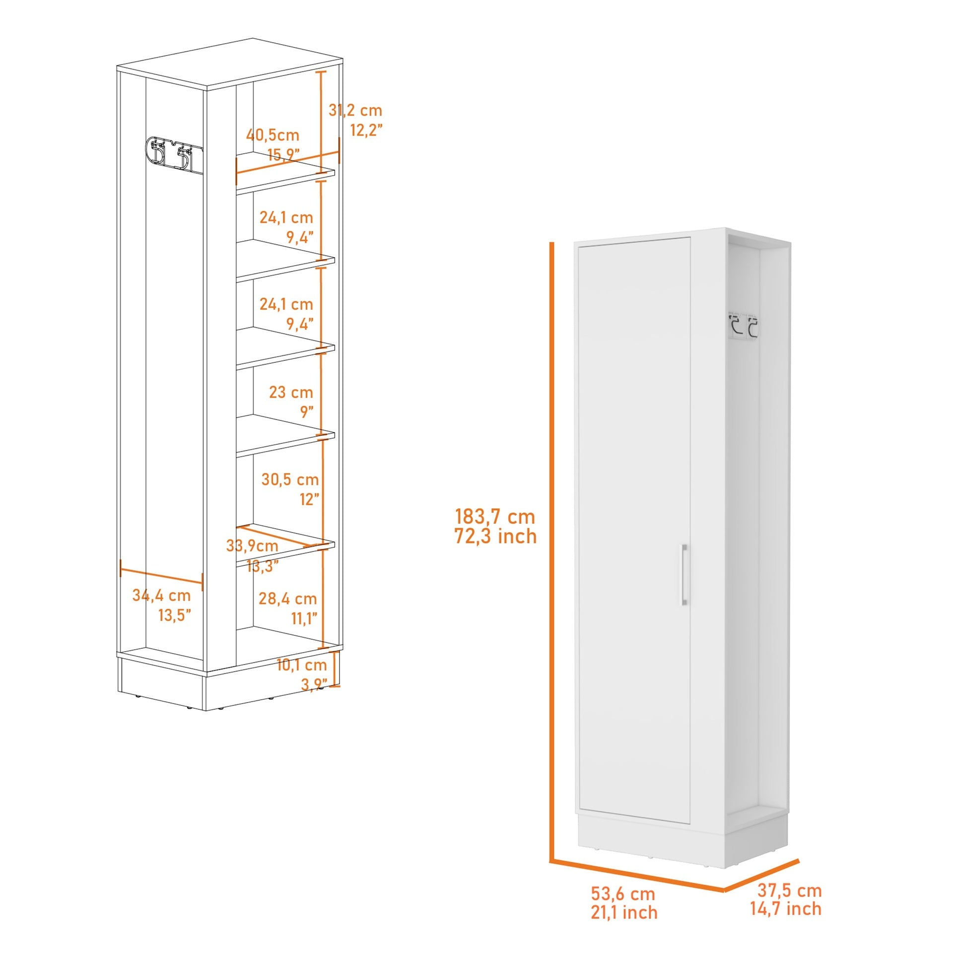 Clarno Tall Storage Cabinet, Single Door with Broom Hangers