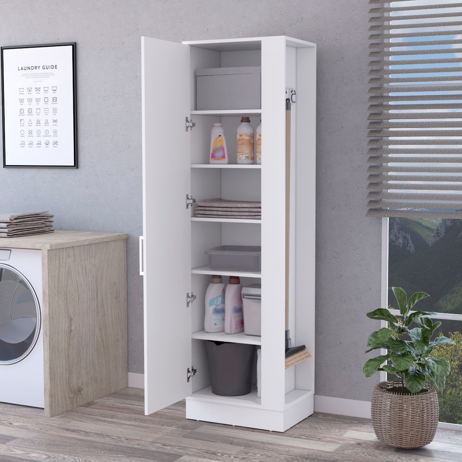 Clarno Tall Storage Cabinet, Single Door with Broom Hangers