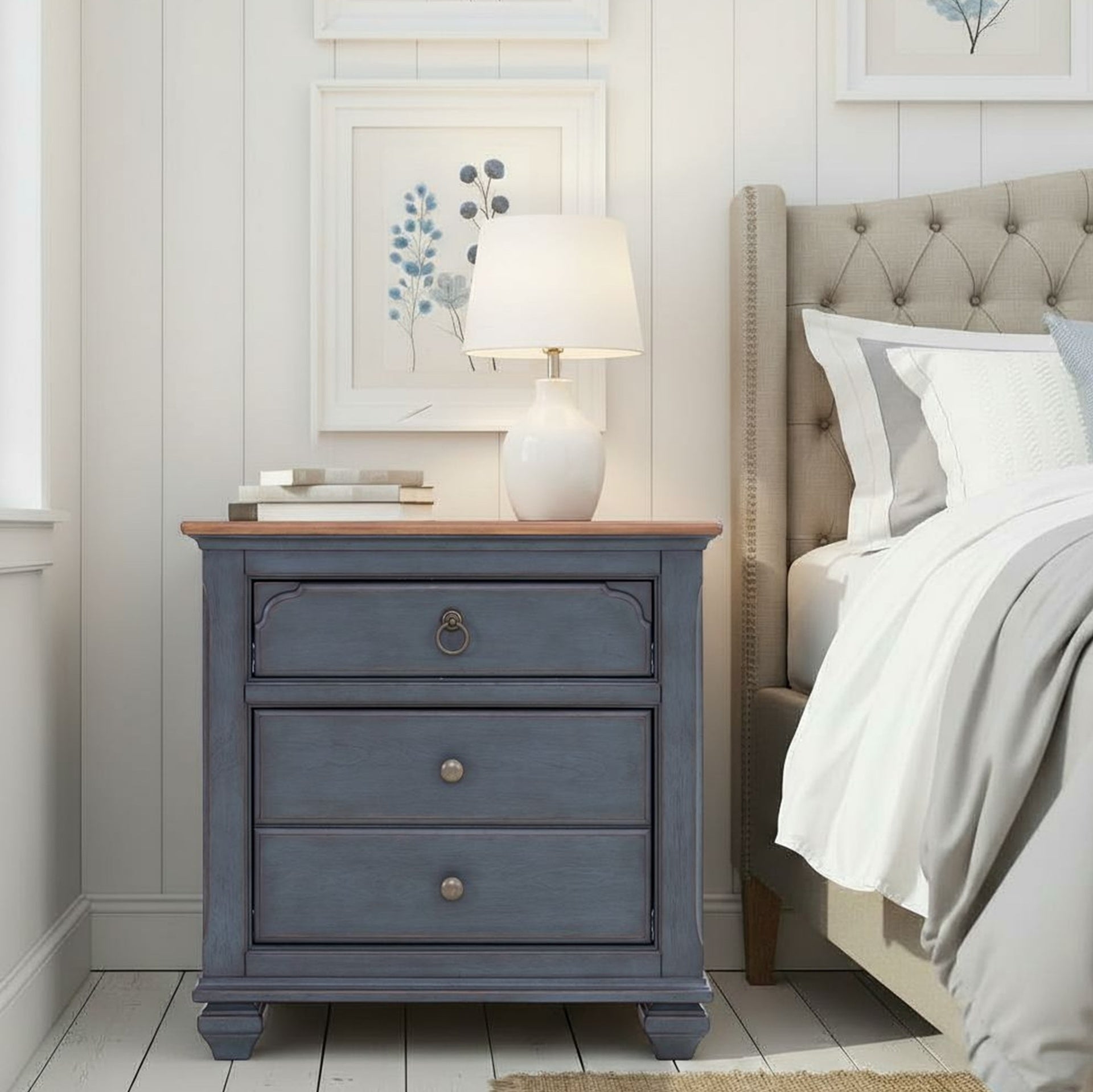 3-Drawer Nightstand, No Assembly Required, Corduroy Blue Finish
