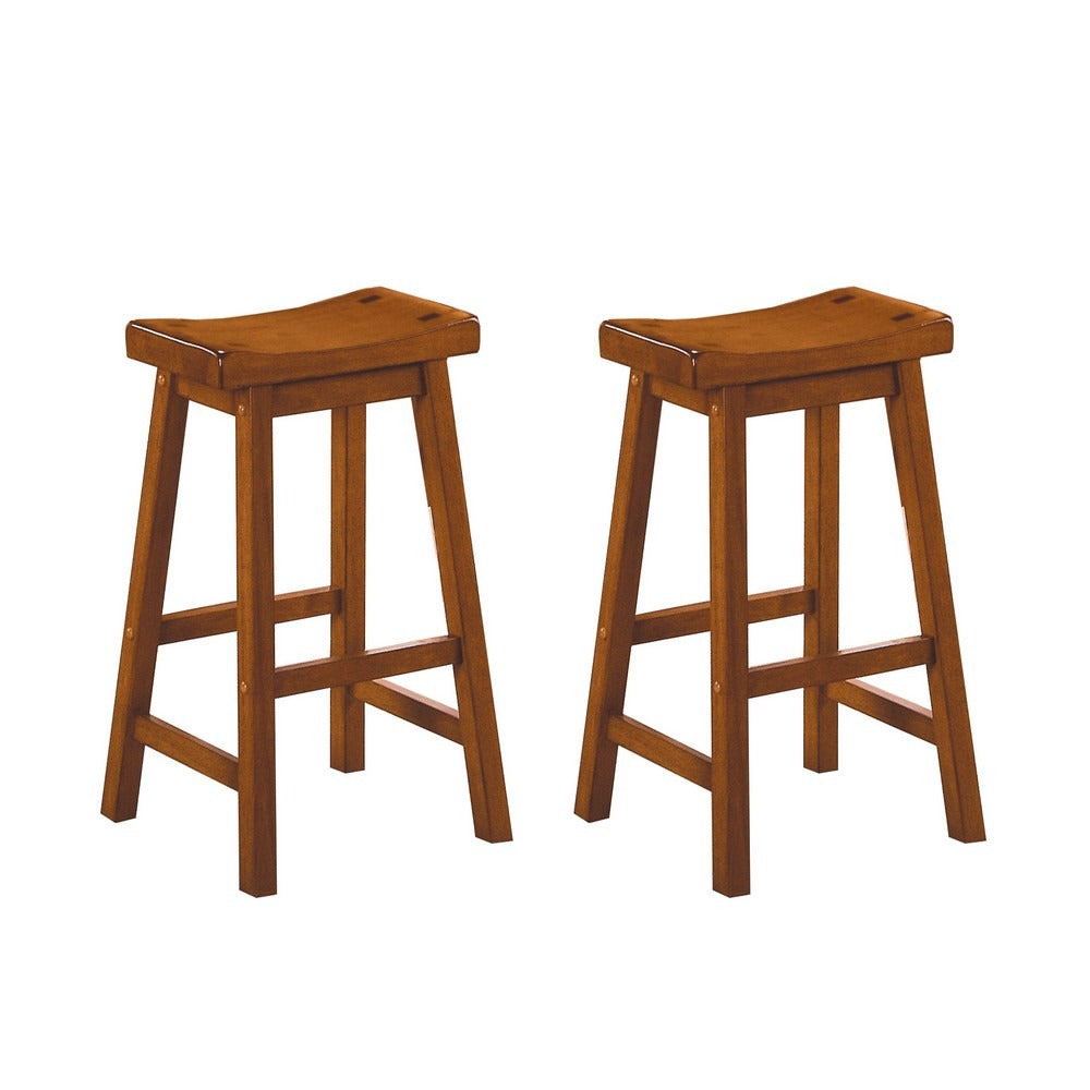 Wooden 29" Counter Height Stool with Saddle Seat, Oak Brown, Set Of 2