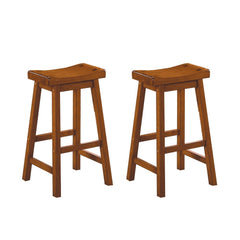 Wooden 29" Counter Height Stool with Saddle Seat, Oak Brown, Set Of 2