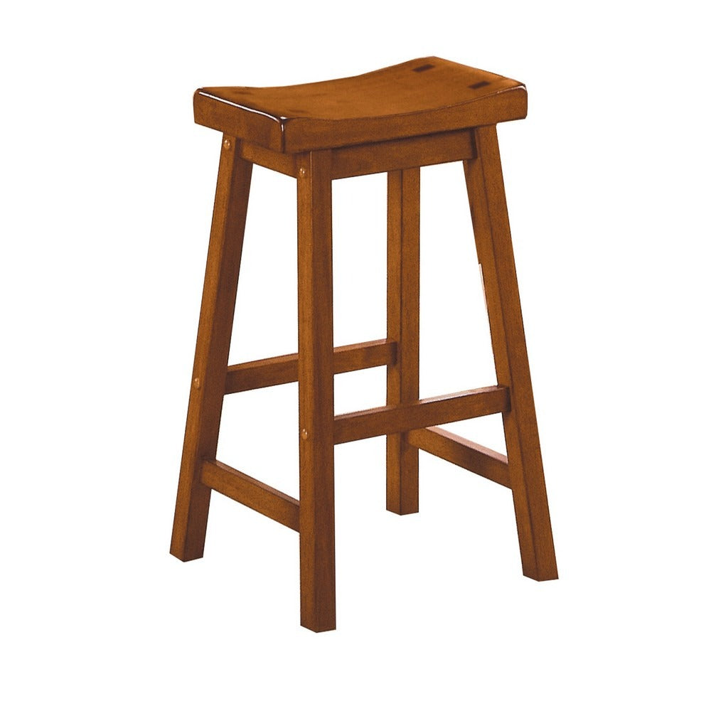Wooden 29" Counter Height Stool with Saddle Seat, Oak Brown, Set Of 2