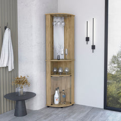 Bar-coffee corner cabinet storage 74" H, with rounded front design, 2 central shelves, 1 glass holder in the upper compartment, 1 storage with double glass door in the lower part, macadamia
