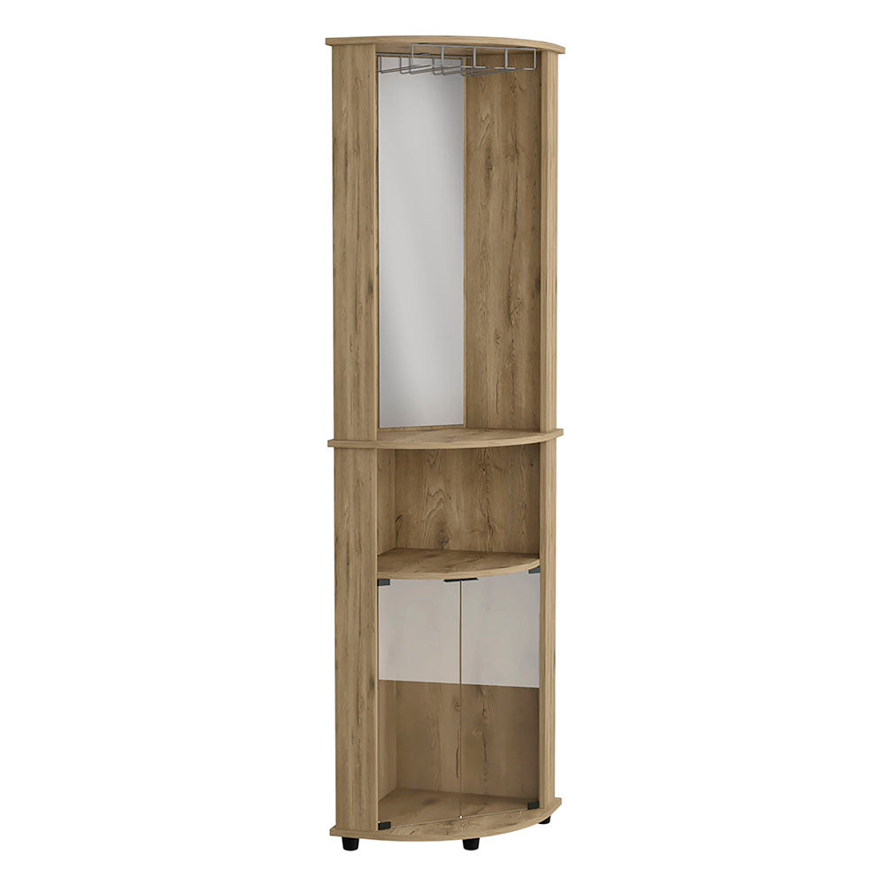 Bar-coffee corner cabinet storage 74" H, with rounded front design, 2 central shelves, 1 glass holder in the upper compartment, 1 storage with double glass door in the lower part, macadamia