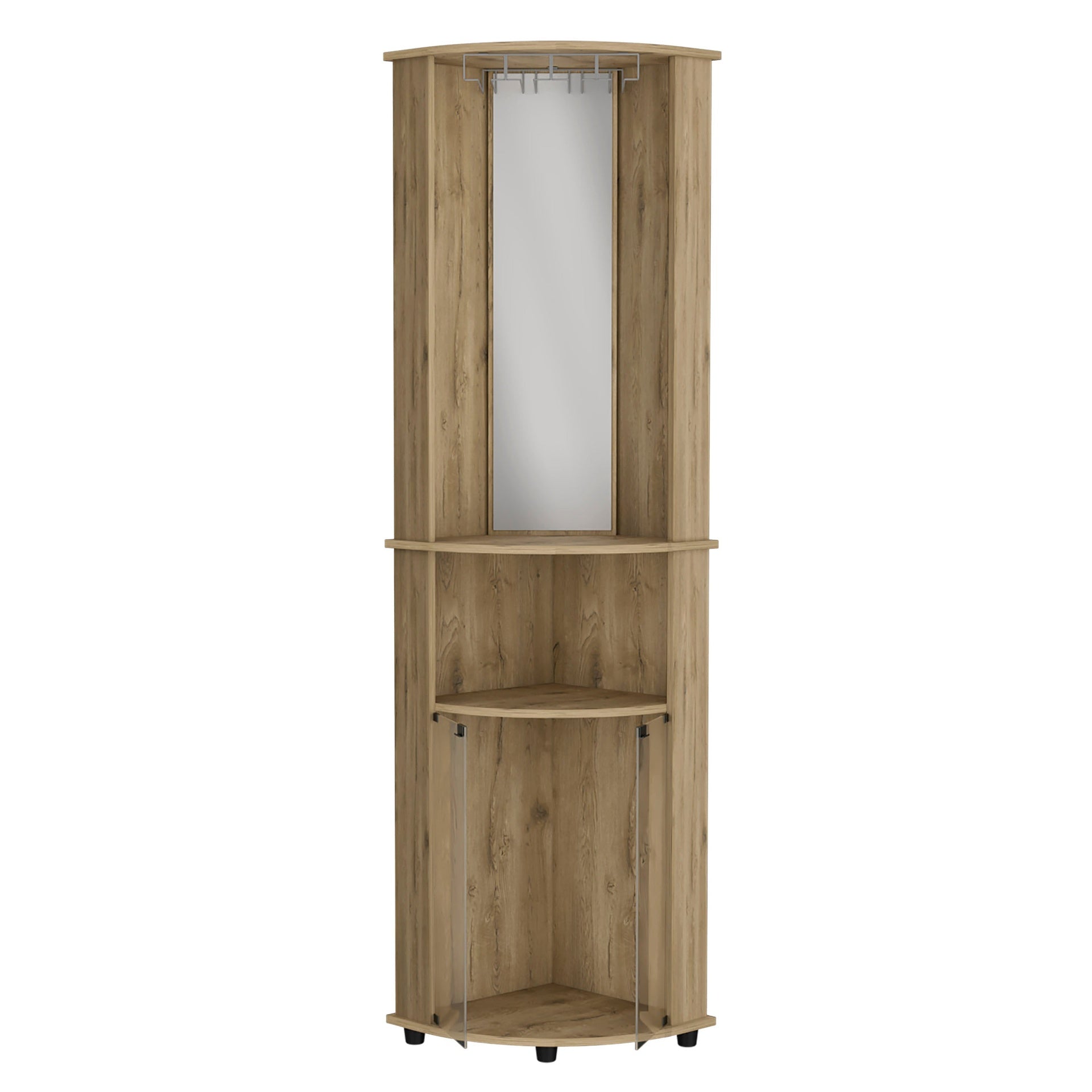 Bar-coffee corner cabinet storage 74" H, with rounded front design, 2 central shelves, 1 glass holder in the upper compartment, 1 storage with double glass door in the lower part, macadamia