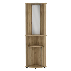 Bar-coffee corner cabinet storage 74" H, with rounded front design, 2 central shelves, 1 glass holder in the upper compartment, 1 storage with double glass door in the lower part, macadamia