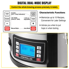 Electric Brewing System, 9.2 Gal/35 L Brewing Pot, All-in-One Home Beer Brewer w/Pump, Mash Boil Device w/Panel, Auto/Manual Mode 100-1800W Power 25-100℃ Temp 1-180 min Timer Recipe Memory