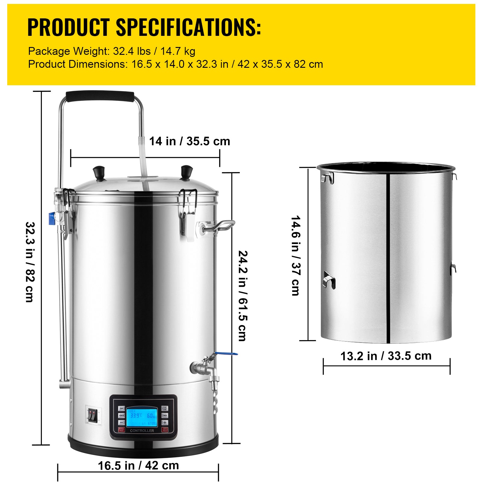 Electric Brewing System, 9.2 Gal/35 L Brewing Pot, All-in-One Home Beer Brewer w/Pump, Mash Boil Device w/Panel, Auto/Manual Mode 100-1800W Power 25-100℃ Temp 1-180 min Timer Recipe Memory