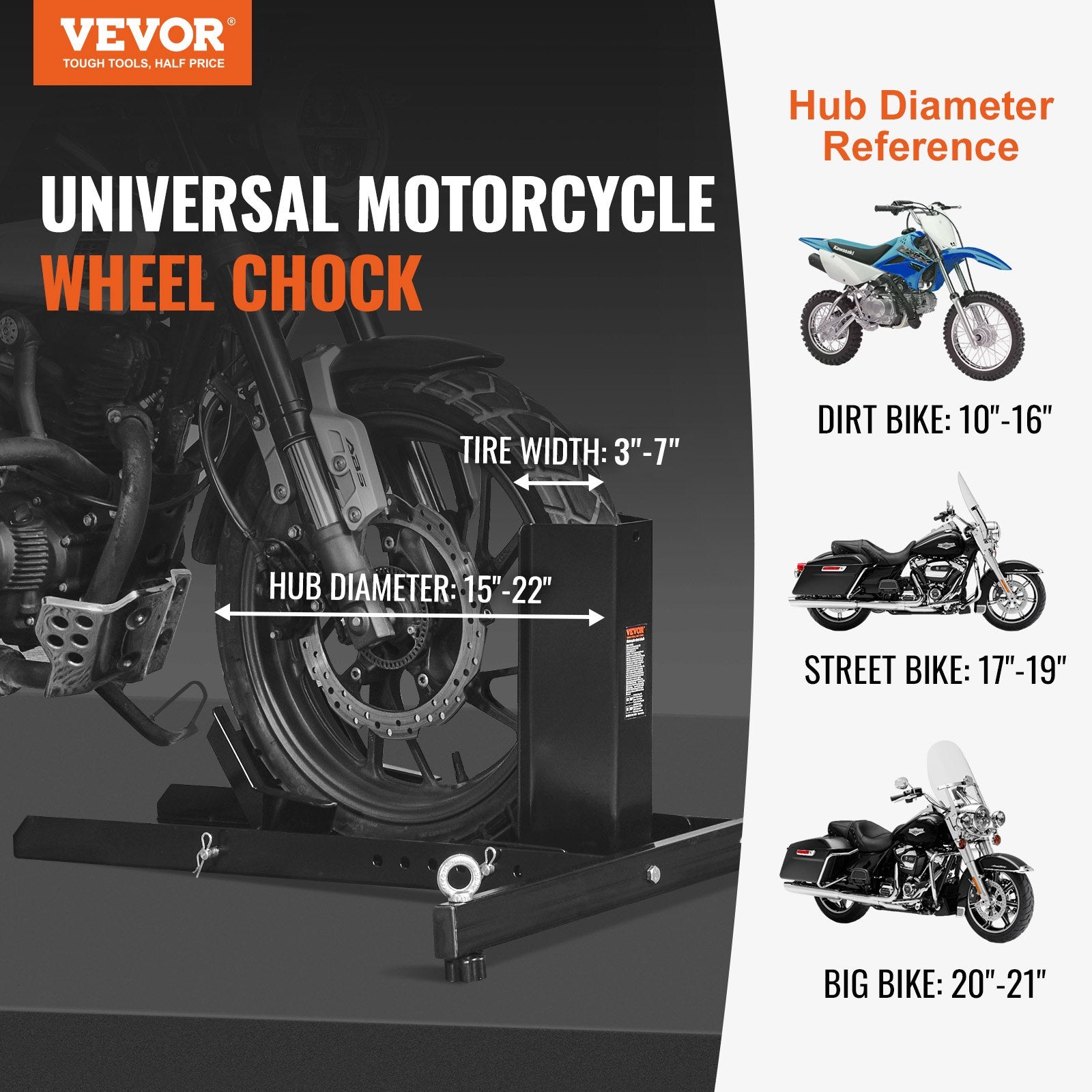 Motorcycle Wheel Chock Upright, 1800 lbs Capacity, Heavy-duty Steel Motorcycle Front Wheel Stand with 6 Adjustable Holes, For 15"-22" Off-Road Motorcycles, Standard Motorcycles