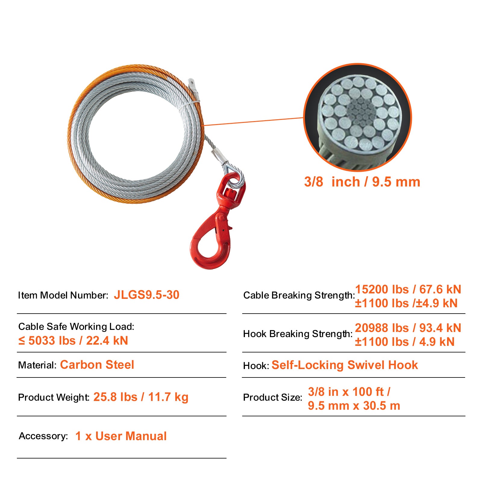 Galvanized Steel Winch Cable, 3/8 Inch x 100 Feet 15,200 lbs Breaking Strength, Wire Winch Rope with Swivel Hook, Towing Cable Heavy Duty, Universal Fit for SUV, Large Off-Road Vehicle, Truck