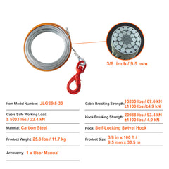 Galvanized Steel Winch Cable, 3/8 Inch x 100 Feet 15,200 lbs Breaking Strength, Wire Winch Rope with Swivel Hook, Towing Cable Heavy Duty, Universal Fit for SUV, Large Off-Road Vehicle, Truck