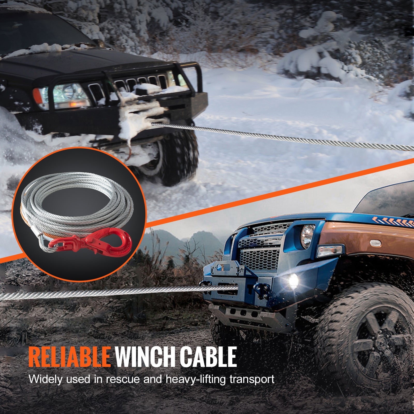 Galvanized Steel Winch Cable, 3/8 Inch x 100 Feet 15,200 lbs Breaking Strength, Wire Winch Rope with Swivel Hook, Towing Cable Heavy Duty, Universal Fit for SUV, Large Off-Road Vehicle, Truck