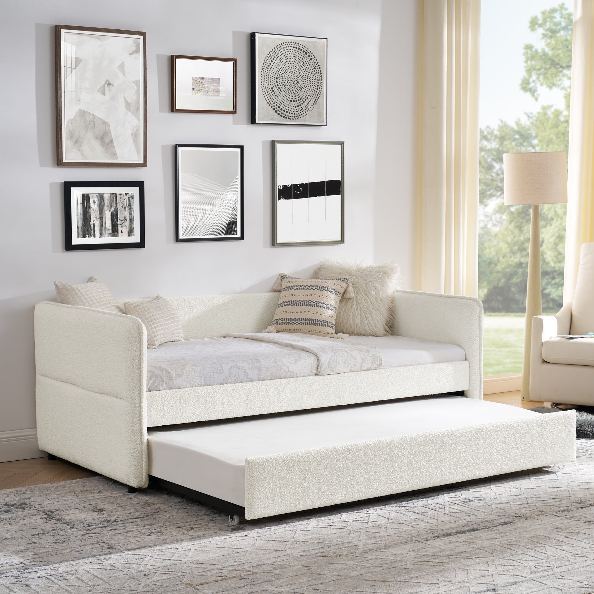 Daybed with Trundle Upholstered Tufted Sofa Bed, Twin Size, Boucle Fabric, Beige (83"x43"x29.5")