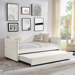 Daybed with Trundle Upholstered Tufted Sofa Bed, Twin Size, Boucle Fabric, Beige (83"x43"x29.5")