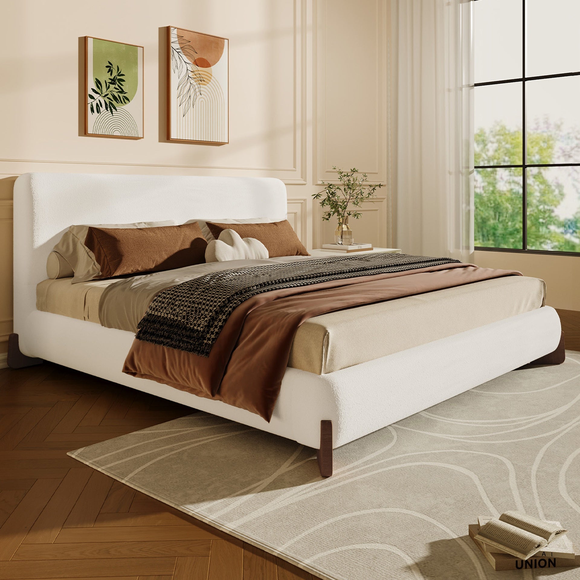 Elegant terry upholstered bed with dark brown solid wood legs, luxurious and comfortable bedroom centerpiece, queen size, white