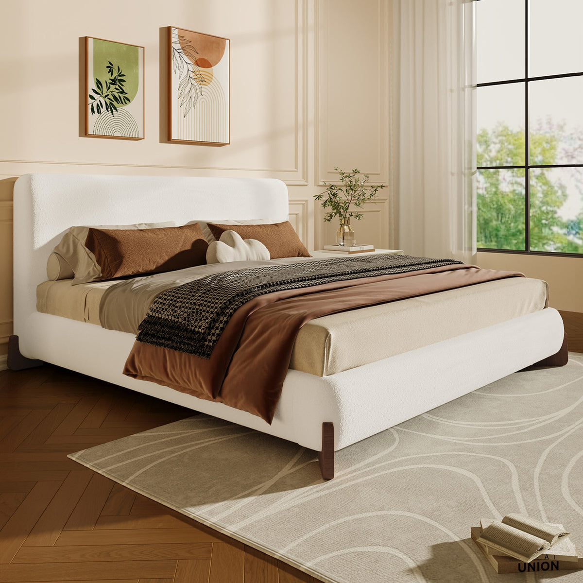 Elegant terry upholstered bed with dark brown solid wood legs, luxurious and comfortable bedroom centerpiece, queen size, white