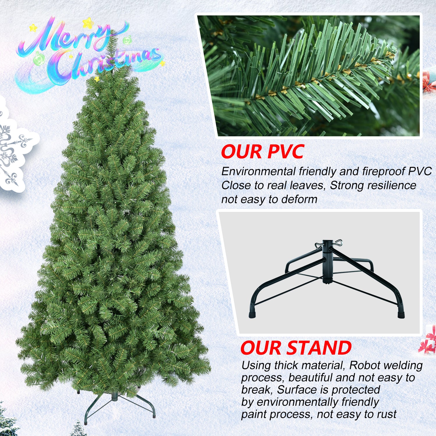 6ft Christmas Tree with Memory Wire, 760 Tips Hinged Artificial PVC Tree, Easy Setup Green Xmas Tree for Indoor Holiday Decoration