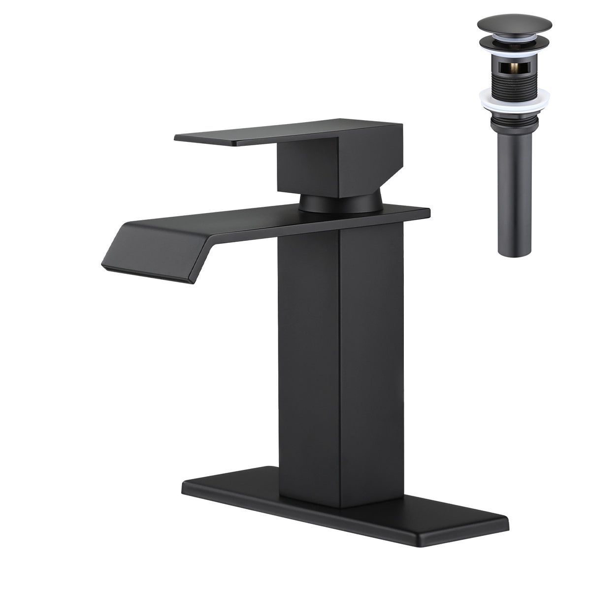 Waterfall Spout Bathroom Sink Single Handle Faucet with Pop-Up Drain (with Overflow)
