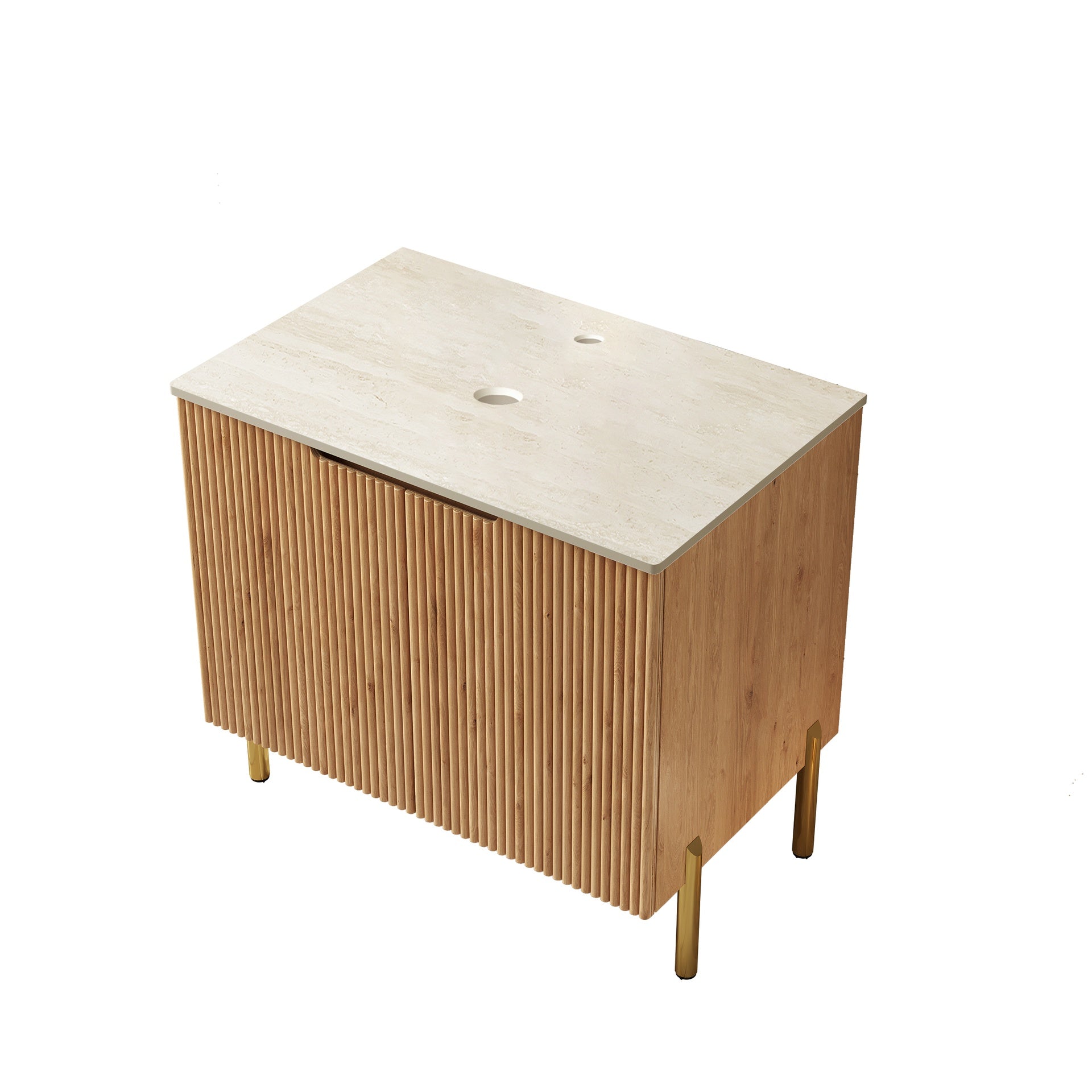 30" TURIO Freestanding Roma Travertine-Pattern Sintered Stone Counter Top and Natural Woodgrain Plywood Cabinet with Two Doors, NO Basin, NO Faucet and Sink Cover