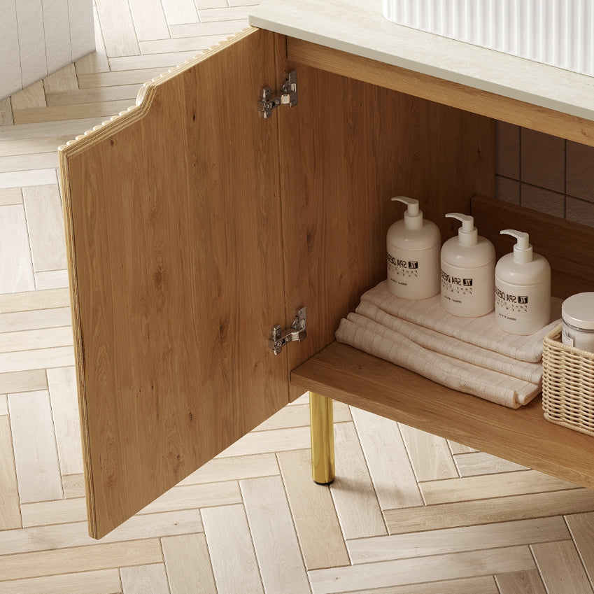 30" TURIO Freestanding Roma Travertine-Pattern Sintered Stone Counter Top and Natural Woodgrain Plywood Cabinet with Two Doors, NO Basin, NO Faucet and Sink Cover