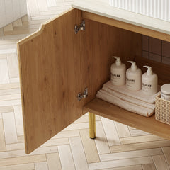 30" TURIO Freestanding Roma Travertine-Pattern Sintered Stone Counter Top and Natural Woodgrain Plywood Cabinet with Two Doors, NO Basin, NO Faucet and Sink Cover