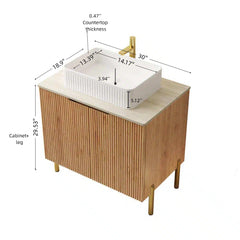 TURIO 30" Bathroom Vanity with Sink, Freestanding Plywood Bathroom Storage Cabinet with 2 Doors, White Rectangular Ceramic Basin and Roma Travertine-Pattern Sintered Stone Counter Top, Woodgrain Color