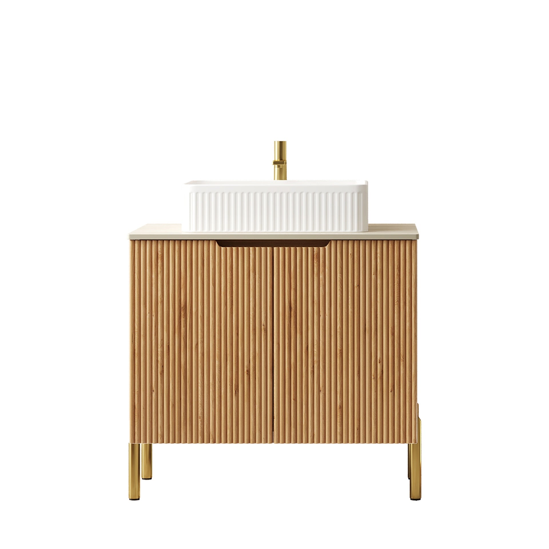 TURIO 30" Bathroom Vanity with Sink, Freestanding Plywood Bathroom Storage Cabinet with 2 Doors, White Rectangular Ceramic Basin and Roma Travertine-Pattern Sintered Stone Counter Top, Woodgrain Color