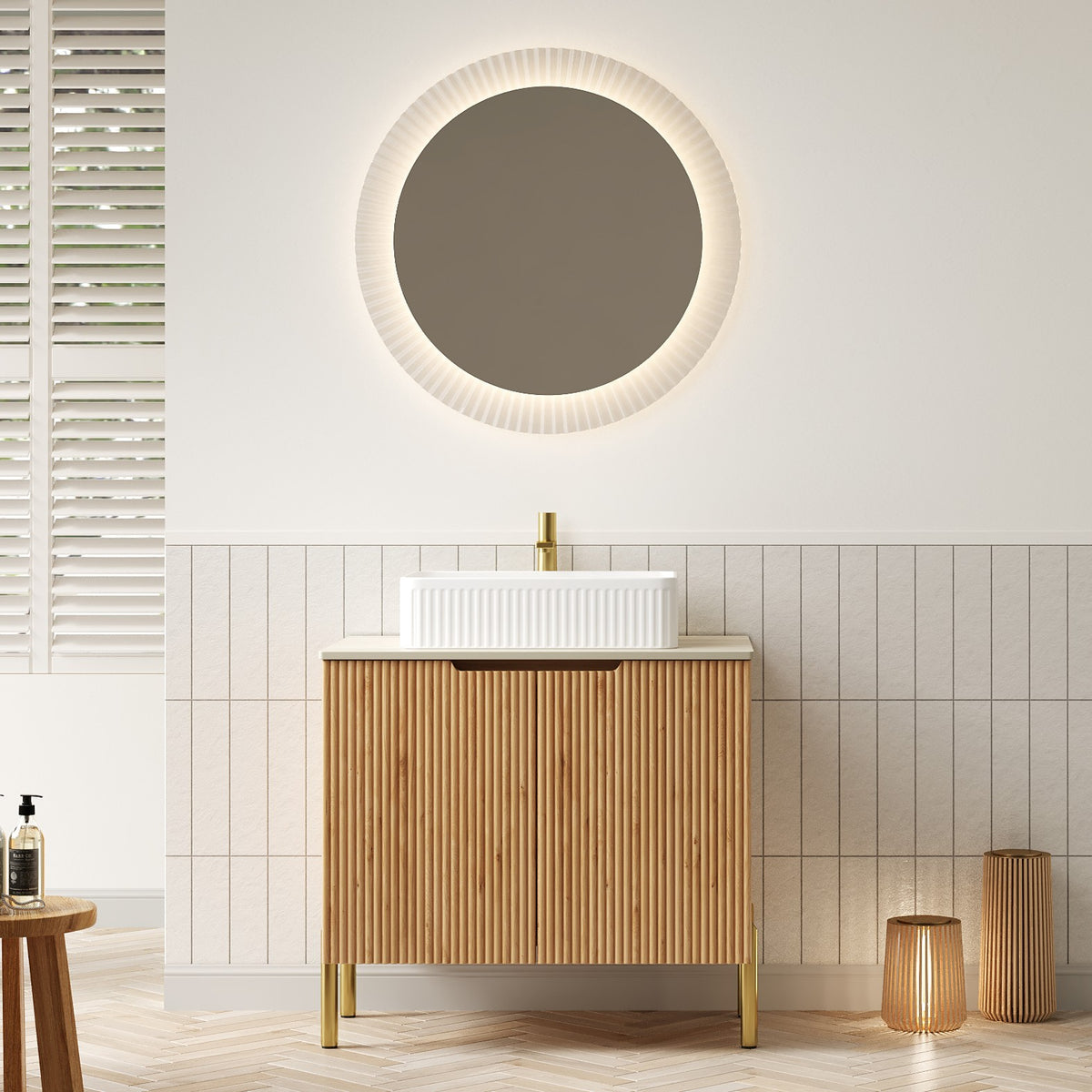TURIO 30" Bathroom Vanity with Sink, Freestanding Plywood Bathroom Storage Cabinet with 2 Doors, White Rectangular Ceramic Basin and Roma Travertine-Pattern Sintered Stone Counter Top, Woodgrain Color