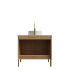 TURIO 30" Bathroom Vanity with Sink, Freestanding Plywood Bathroom Storage Cabinet with 2 Doors, White Round Basin with Stone Pattern and Roma Travertine Sintered Stone Counter Top, Woodgrain Color
