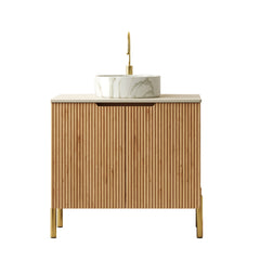 TURIO 30" Bathroom Vanity with Sink, Freestanding Plywood Bathroom Storage Cabinet with 2 Doors, White Round Basin with Stone Pattern and Roma Travertine Sintered Stone Counter Top, Woodgrain Color