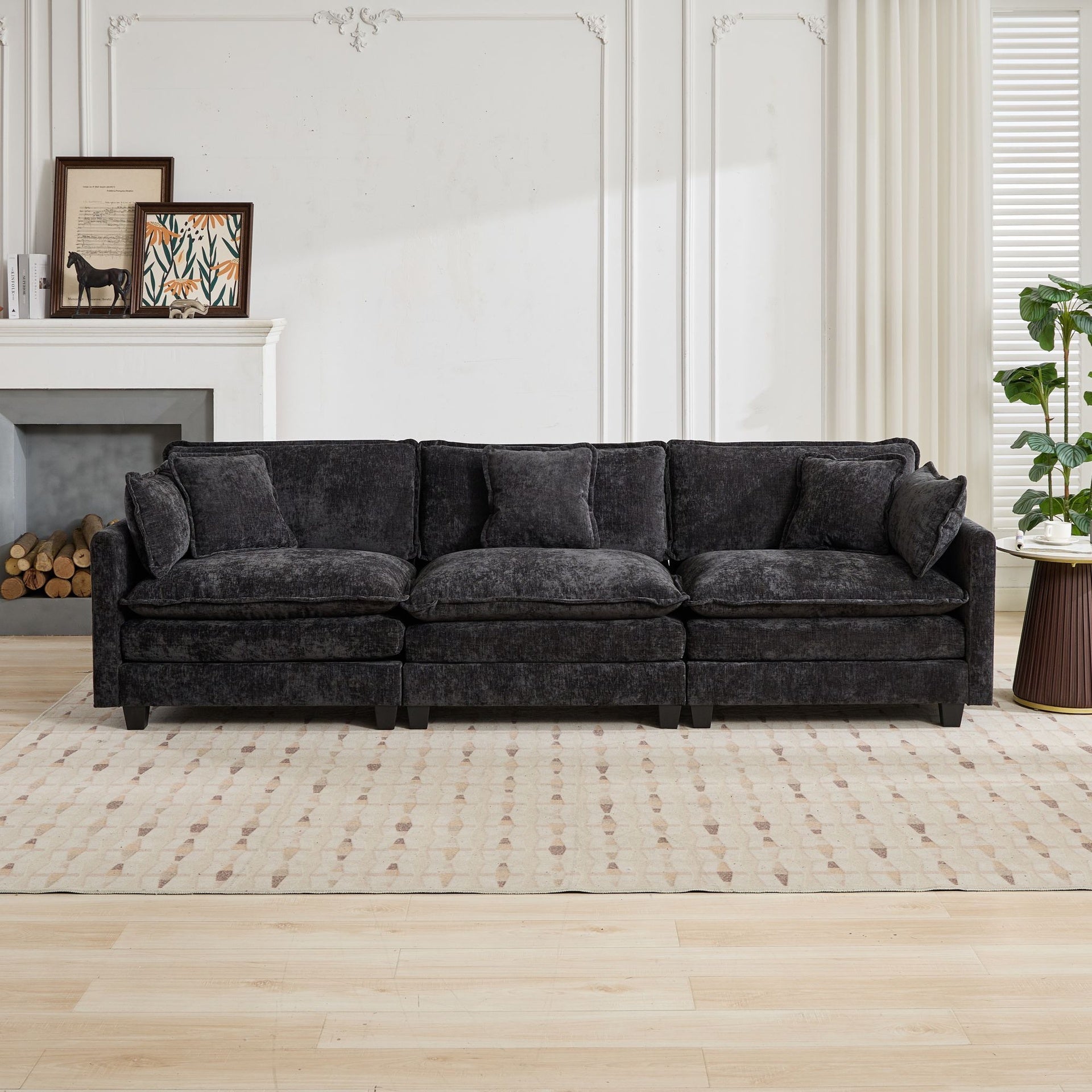 Cloud Sofa 3 Seats (Ottoman is not included), Modern Sectional Couch, for Living Room Bedroom and Apartment, Comfy Double Layer Upholstered Seat Cushion, Breathable Chenille Fabric, Black,SW5013BK