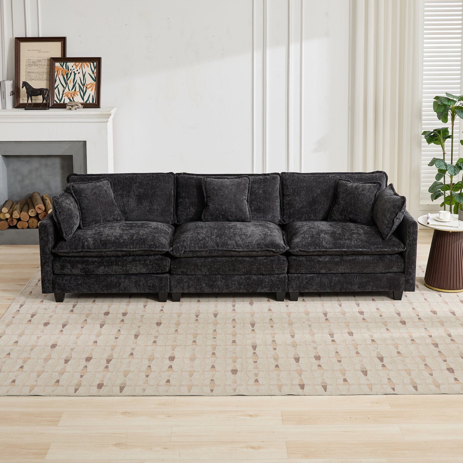 Cloud Sofa 3 Seats (Ottoman is not included), Modern Sectional Couch, for Living Room Bedroom and Apartment, Comfy Double Layer Upholstered Seat Cushion, Breathable Chenille Fabric, Black,SW5013BK