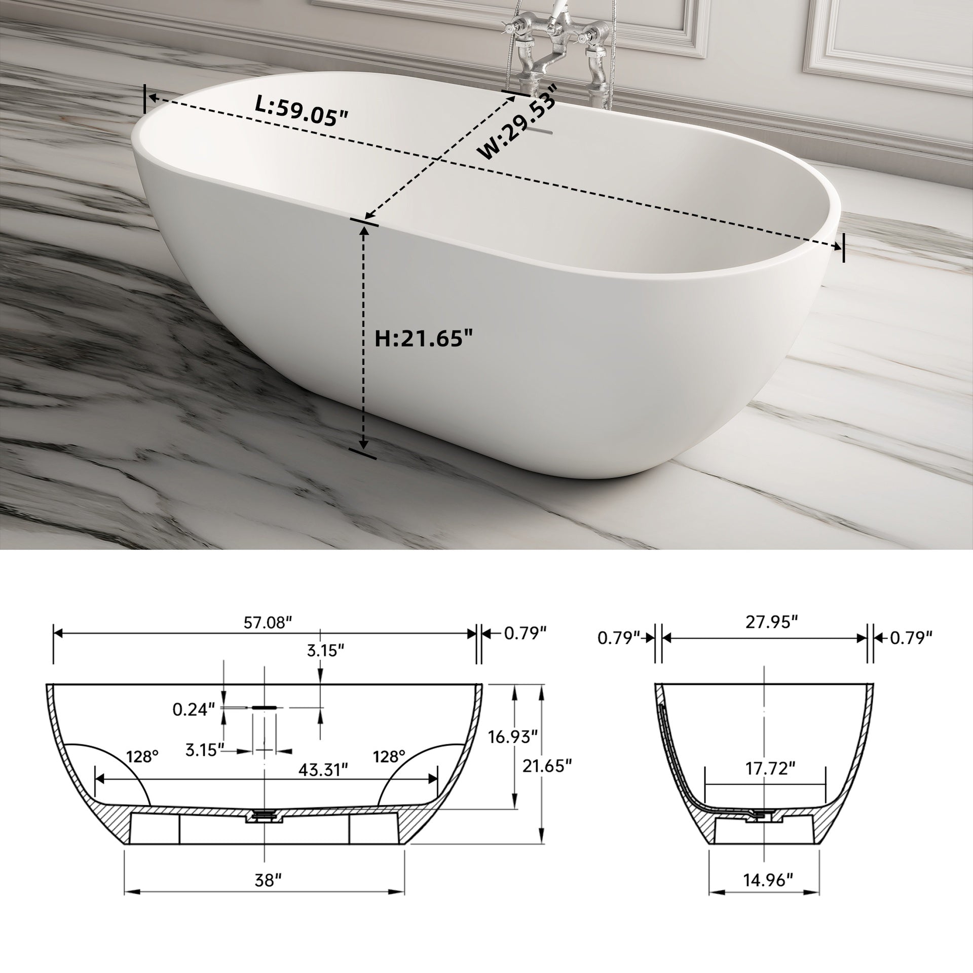 59 Inch Solid Surface Soaking Bathtub - Deep Soak Freestanding Tub