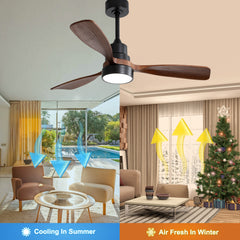 48 Inch Wood Ceiling Fan With 3 Solid Wood Blades Remote Control Reversible DC Motor For Living Room
