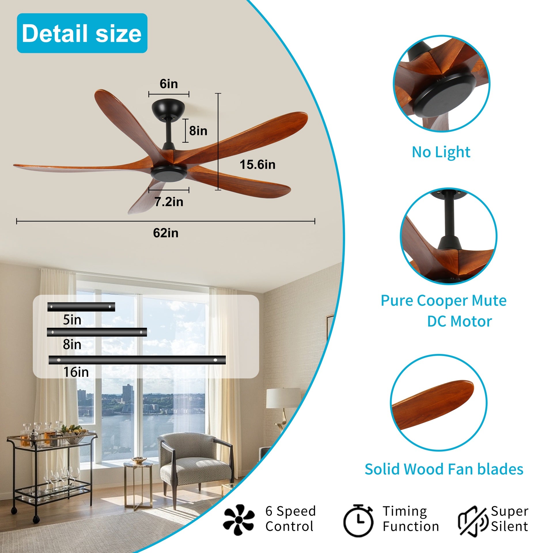 62 Inch wood Ceiling Fan no light with Remote Control, Low Profile Ceiling Fan without Light,Noiseless Reversible DC Motor with Timer