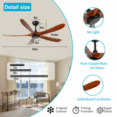 62 Inch wood Ceiling Fan no light with Remote Control, Low Profile Ceiling Fan without Light,Noiseless Reversible DC Motor with Timer