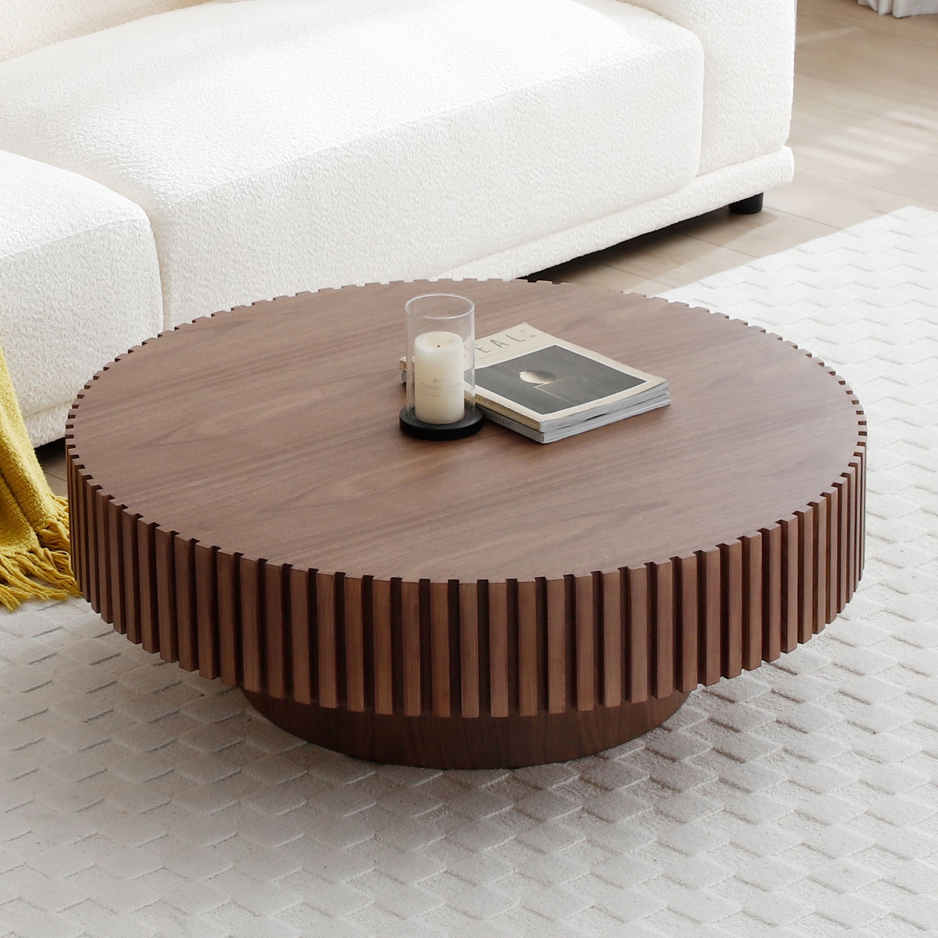 35.43'' Round Coffee Table Small Coffee Table for Apartment, Modern Living Room Coffee Table with Sturdy Pedestal,WALNUT(Same Sku:W876P254013)