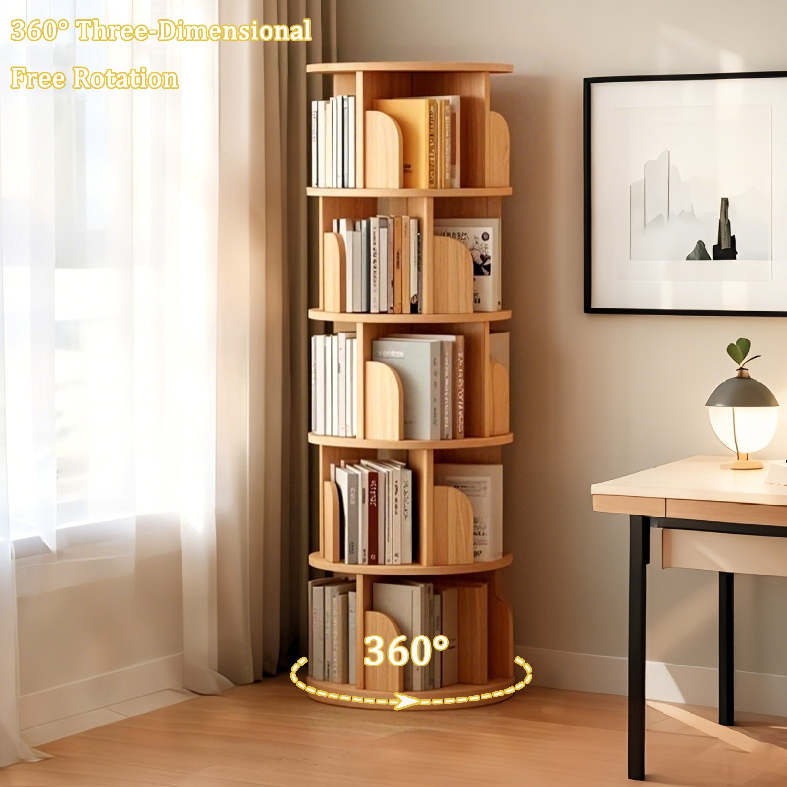 5 Tier Rotating Bookshelf, 360° Display Round Spinning Bookshelf, Space-Saving, Small Space Rotating Bookshelf Tower for Bedroom, Living Room, Home, Office, Wood Color